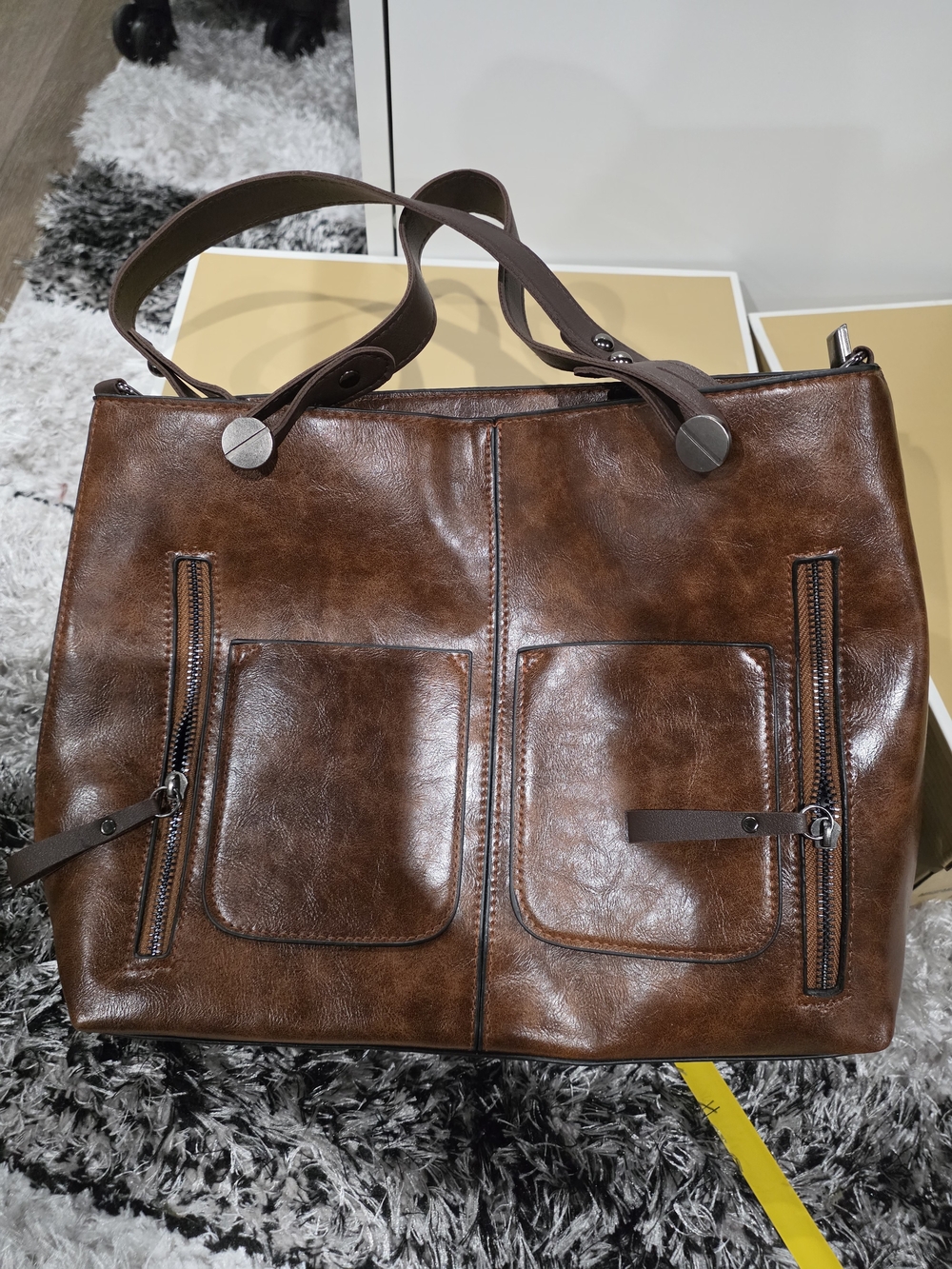 Source Unknown Brown Leather Tote with Front Pockets